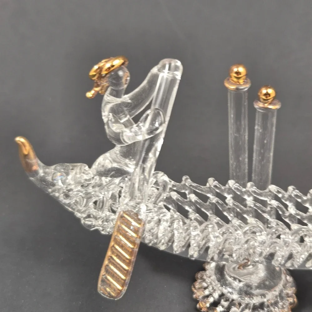 Murano Clear Glass Venetian Gondola Figurine Gold Trim Vintage Decor